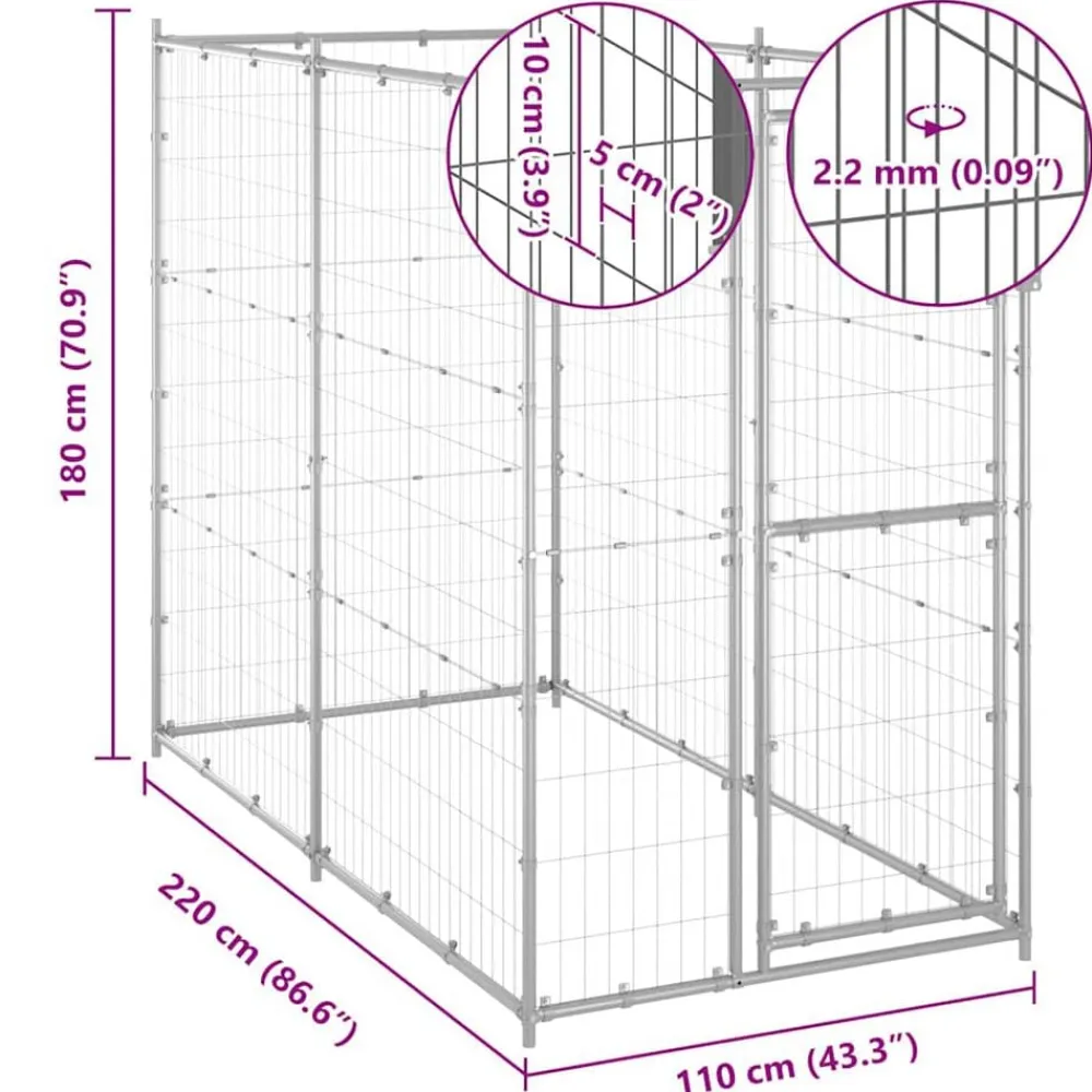 vidaXL Productos Para Mascotas-Perrera de exterior de acero galvanizado 110x220x180 cm