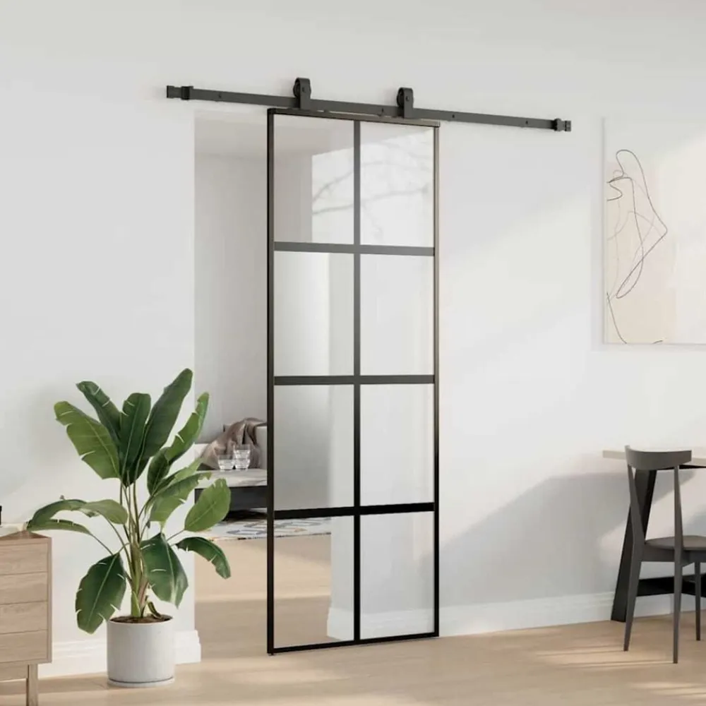 vidaXL Materiales De Construcción-Puerta corredera con herrajes negro 76x205 cm vidrio templado