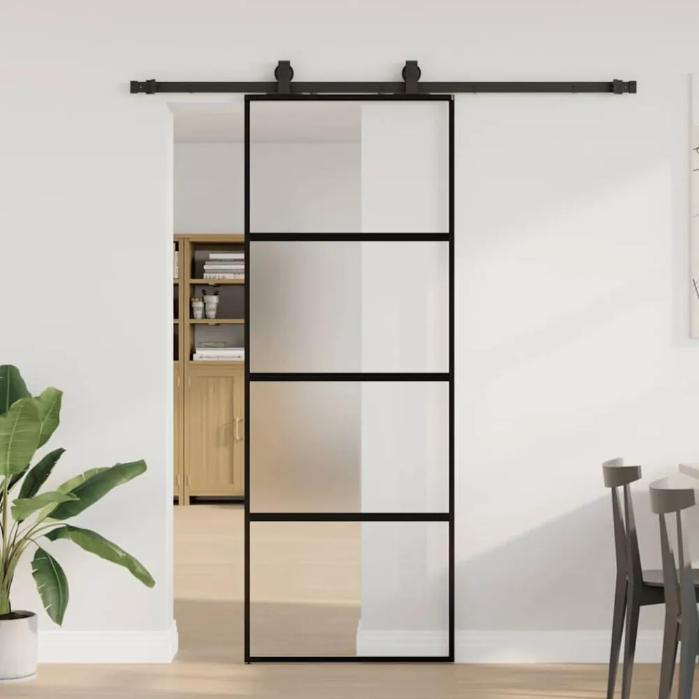 vidaXL Puerta corredera con herrajes negro 76x205 cm vidrio templado Outlet