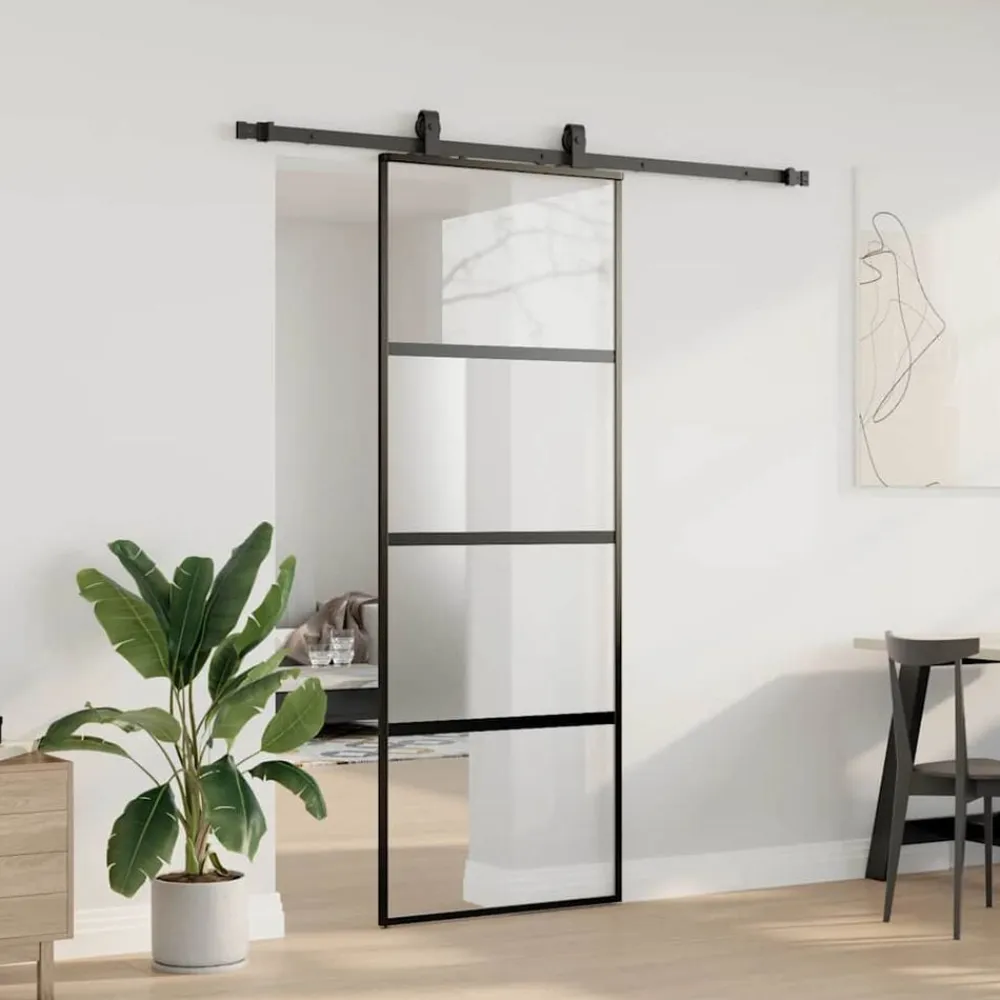 vidaXL Puerta corredera con herrajes negro 76x205 cm vidrio templado Outlet
