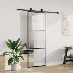 vidaXL Materiales De Construcción-Puerta corredera con juego herrajes negro 76x205 cm ESG vidrio