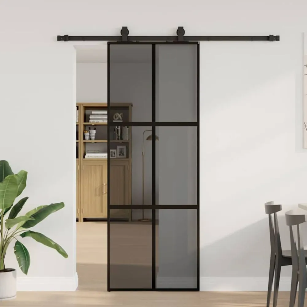 vidaXL Puerta corredera con herrajes negro 76x205 cm vidrio templado Negro y transparente oscuro Outlet
