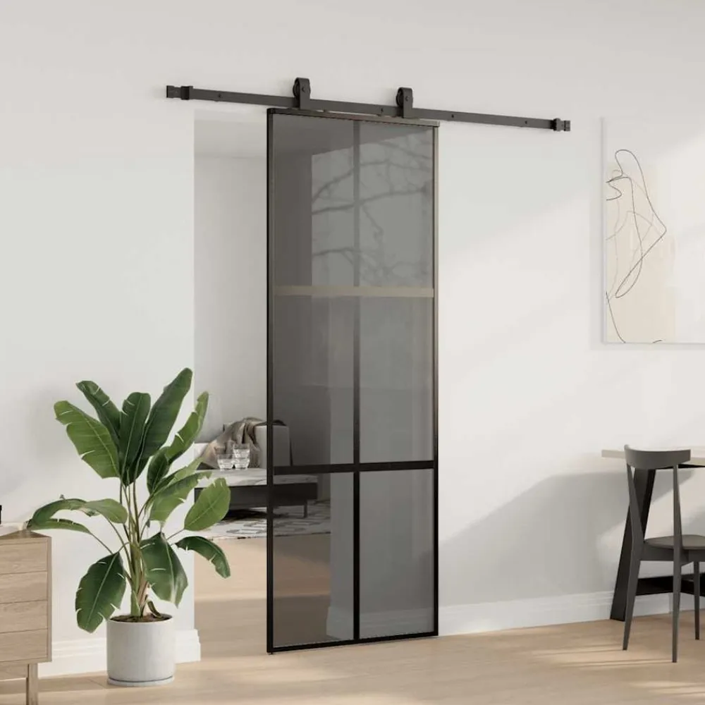 vidaXL Puerta corredera con herrajes negro 76x205 cm vidrio templado Negro y transparente oscuro Outlet