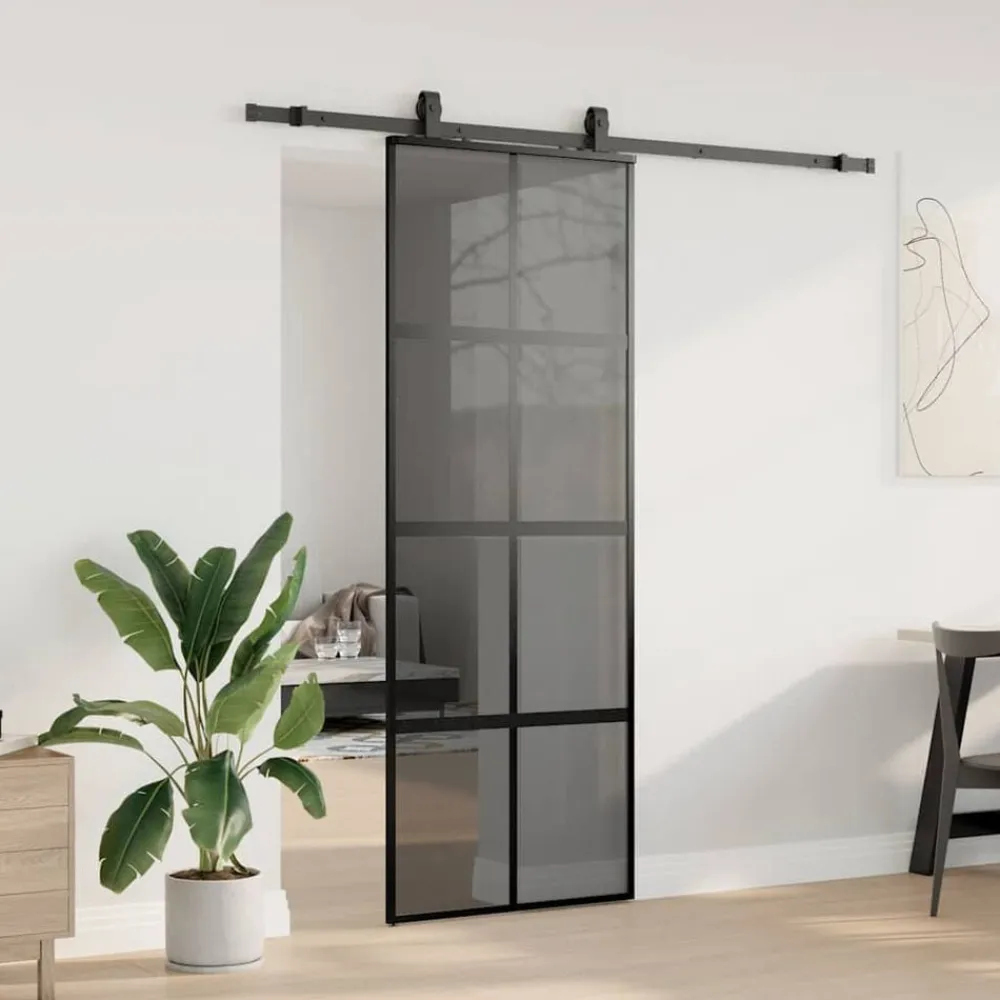 vidaXL Materiales De Construcción-Puerta corredera con herrajes negro 76x205 cm vidrio templado