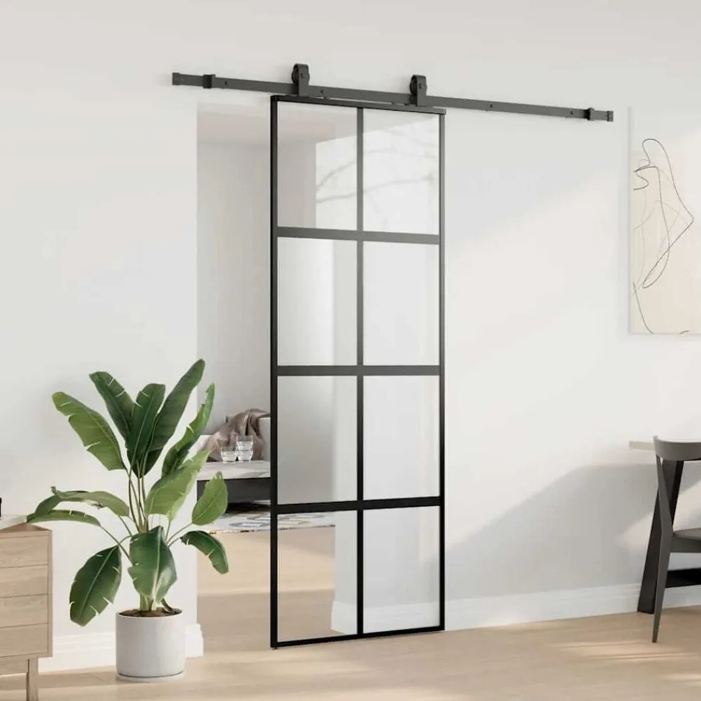 vidaXL Puerta corredera con herrajes negro 76x205 cm vidrio templado Negro y mate Best