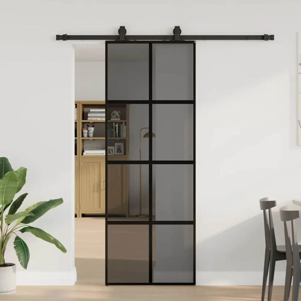 vidaXL Puerta corredera con herrajes negro 76x205 cm vidrio templado Negro y transparente oscuro Hot