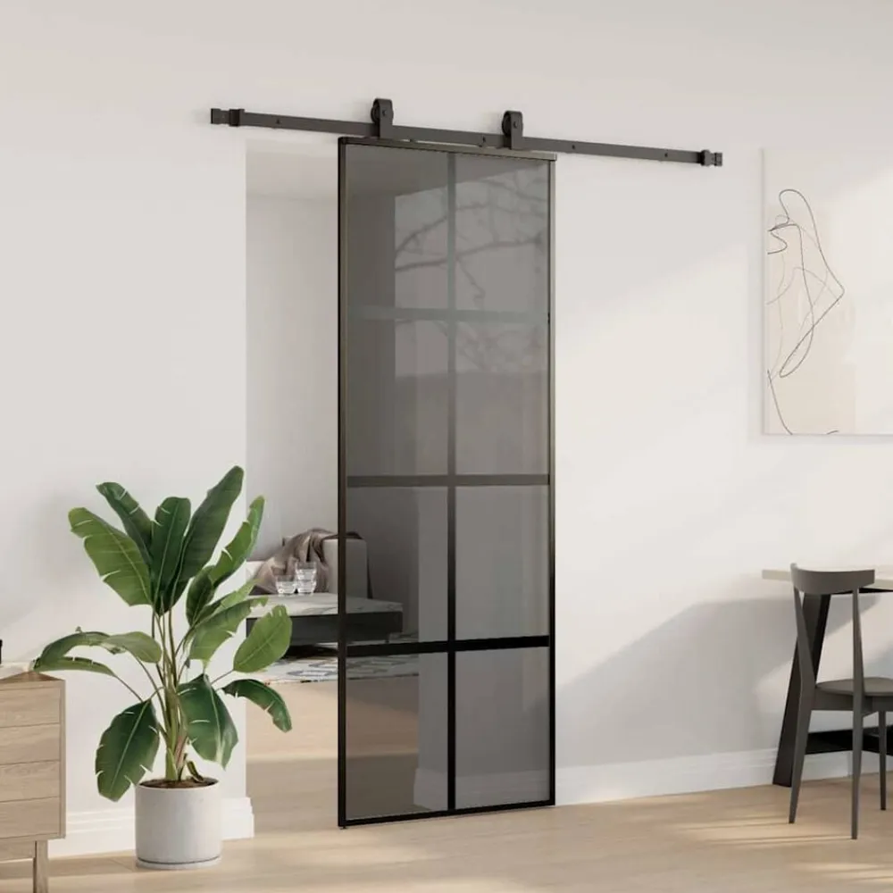 vidaXL Puerta corredera con herrajes negro 76x205 cm vidrio templado Negro y transparente oscuro Hot