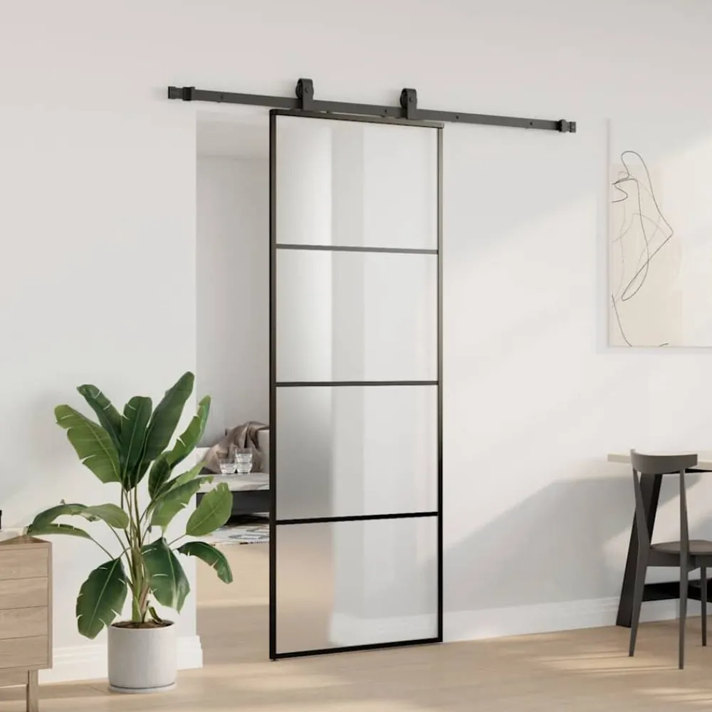 vidaXL Puerta corredera con juego herrajes 76x205 cm ESG vidrio Negro Hot