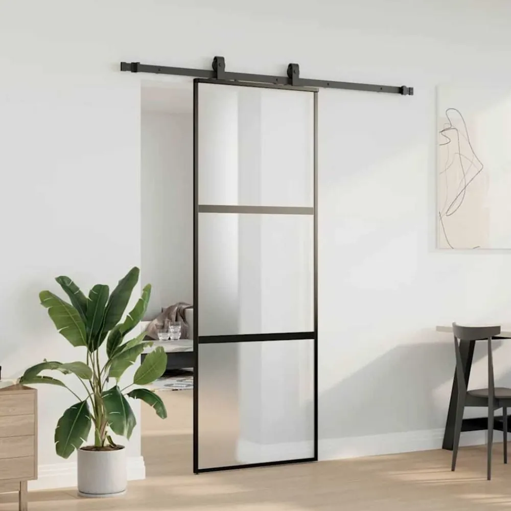 vidaXL Materiales De Construcción-Puerta corredera con herrajes negro 76x205 cm vidrio templado
