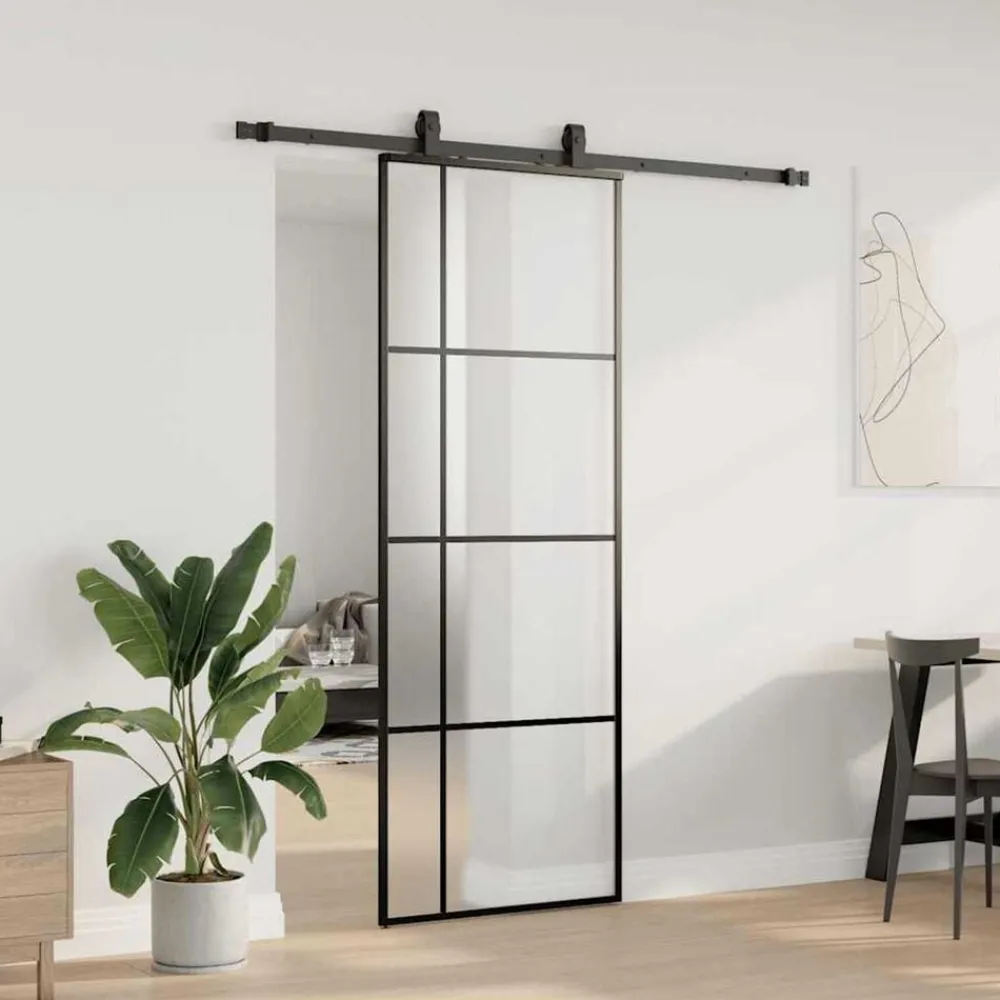 vidaXL Puerta corredera con juego herrajes negro 76x205 cm ESG vidrio Online