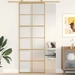 vidaXL Puerta corredera dorada vidrio ESG esmerilado aluminio 76x205cm Dorado y mate Online