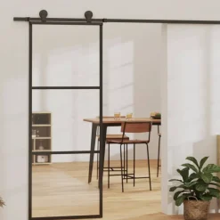 vidaXL Materiales De Construcción-Puerta corredera de 3 paneles ESG vidrio y aluminio negra 76x205 cm
