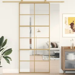 vidaXL Puerta corredera dorada de vidrio ESG transparente y aluminio Dorado Hot
