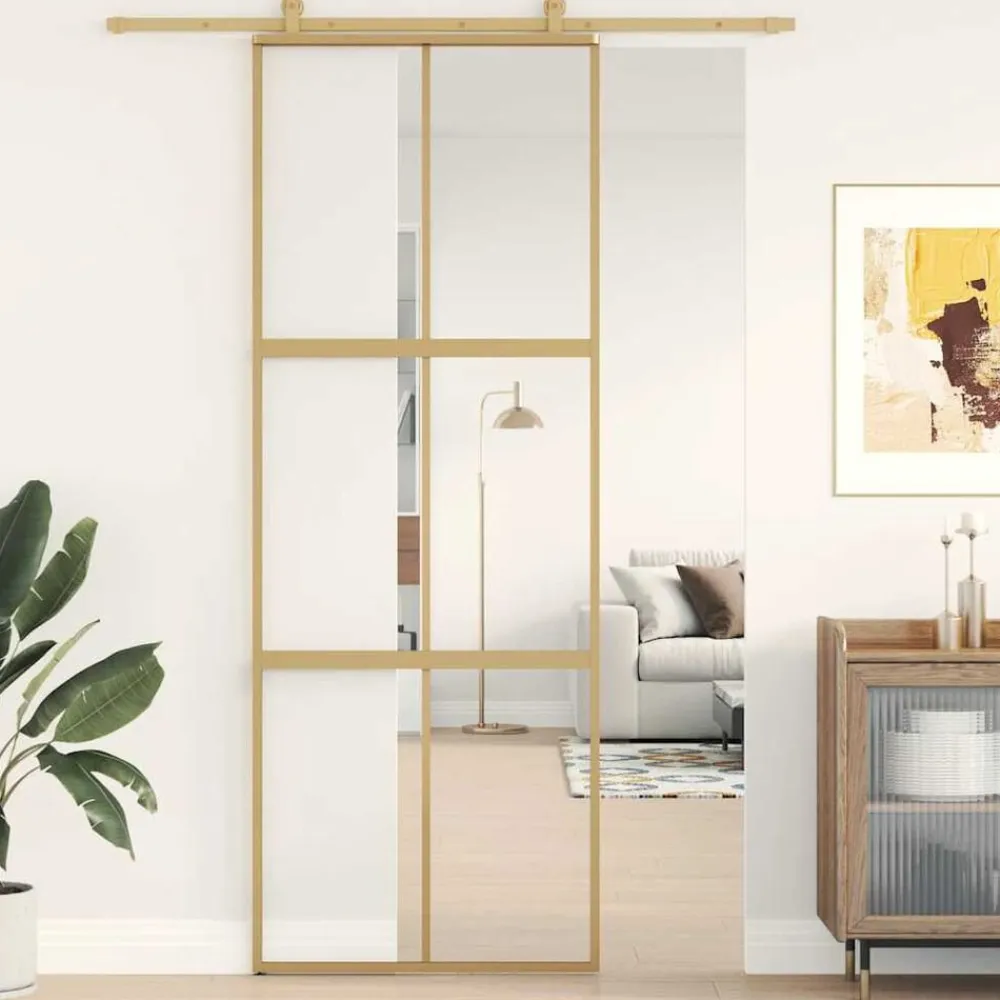 vidaXL Materiales De Construcción-Puerta corredera dorada de vidrio ESG transparente y aluminio