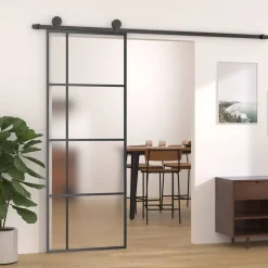 vidaXL Puerta corredera ESG vidrio y aluminio negra 76x205 cm Negro Discount