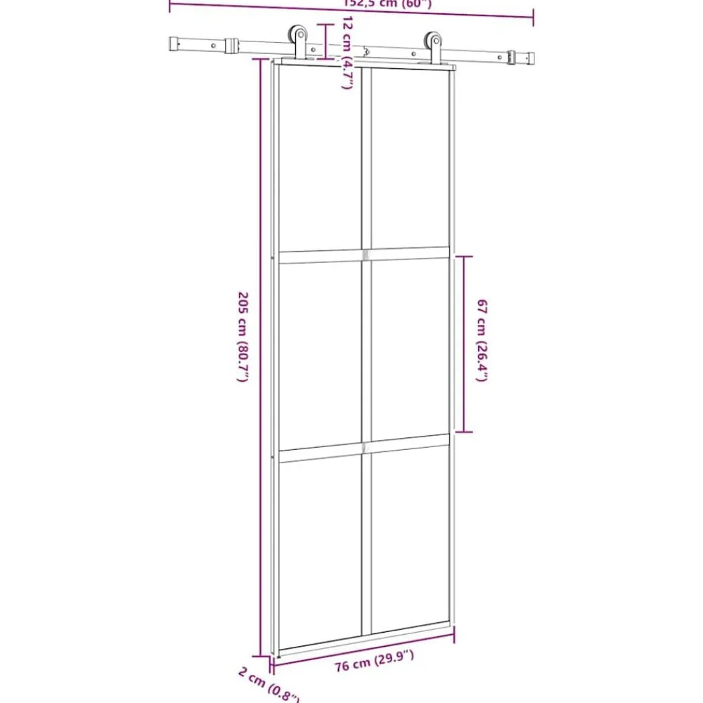 vidaXL Puerta corredera set herrajes vidrio templado aluminio 76x205cm