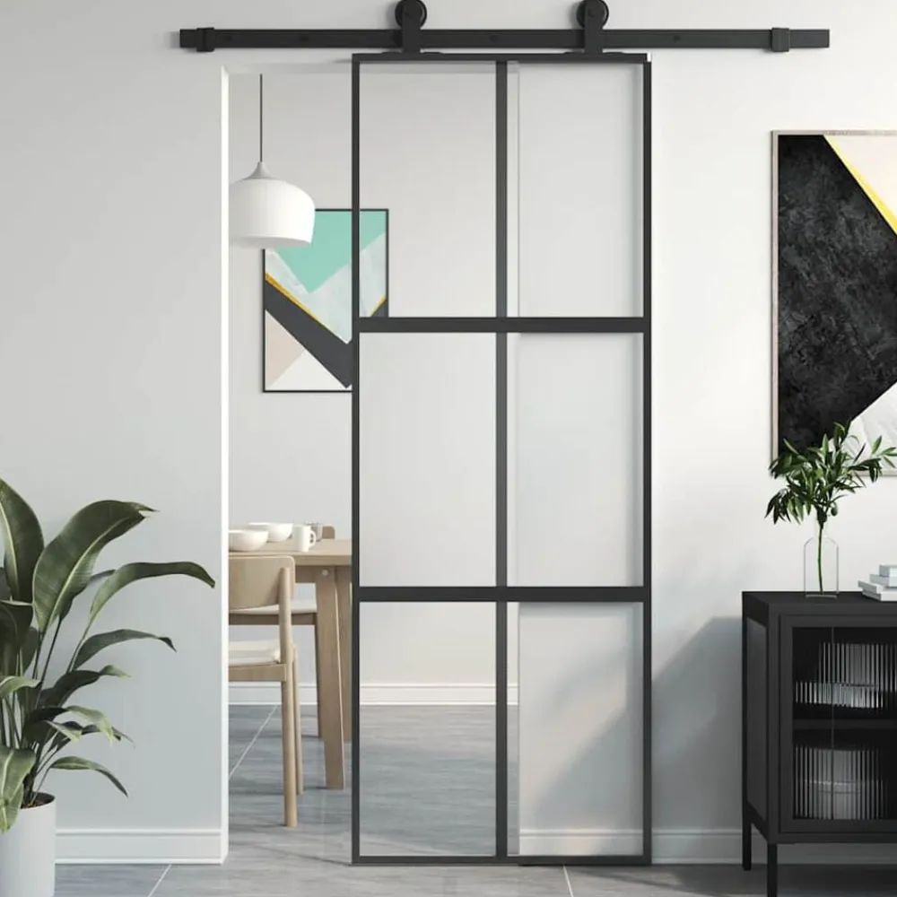 vidaXL Materiales De Construcción-Puerta corredera vidrio templado y aluminio negra 76x205 cm