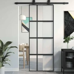 vidaXL Materiales De Construcción-Puerta corredera vidrio templado y aluminio negra 76x205 cm