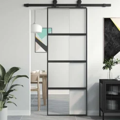 vidaXL Materiales De Construcción-Puerta corredera vidrio templado y aluminio negra 76x205 cm