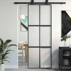 vidaXL Materiales De Construcción-Puerta corredera vidrio templado y aluminio negra 76x205 cm