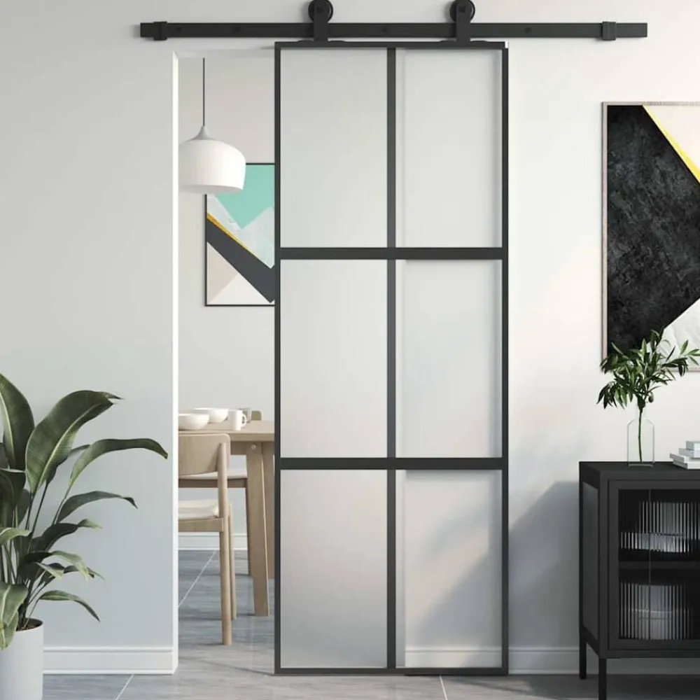 vidaXL Materiales De Construcción-Puerta corredera vidrio templado y aluminio negra 76x205 cm