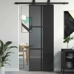vidaXL Materiales De Construcción-Puerta corredera vidrio templado y aluminio negra 76x205 cm