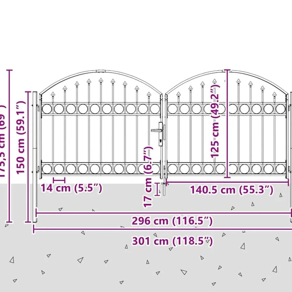 vidaXL Vallas De Jardín-Puerta de cerca con cerradura Assen Gris 301 x 175,5 cm Acero