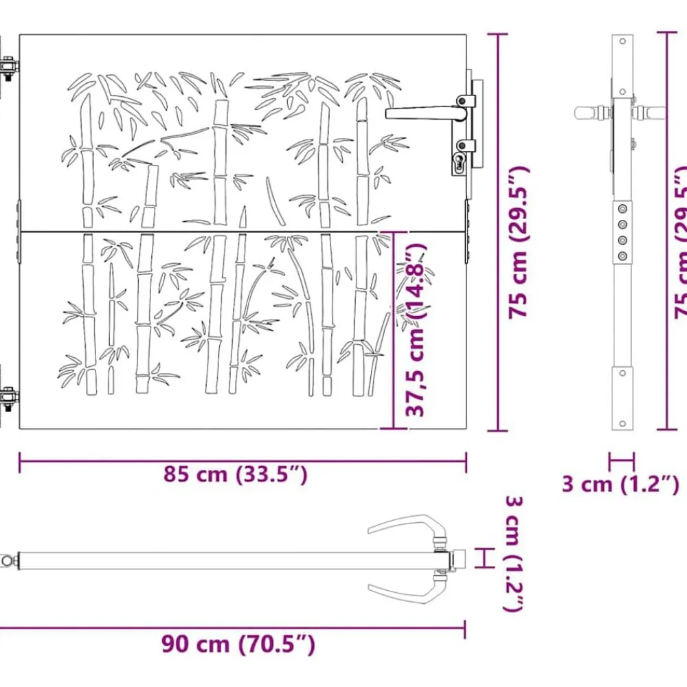 vidaXL Puerta de jardín acero corten diseño bambú 85x75 cm New
