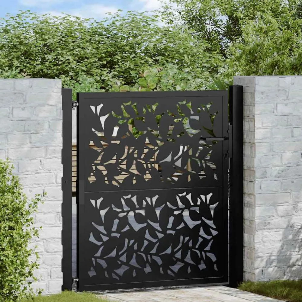 vidaXL Vallas De Jardín-Puerta de jardín negra 100x100 cm diseño de hojas de acero