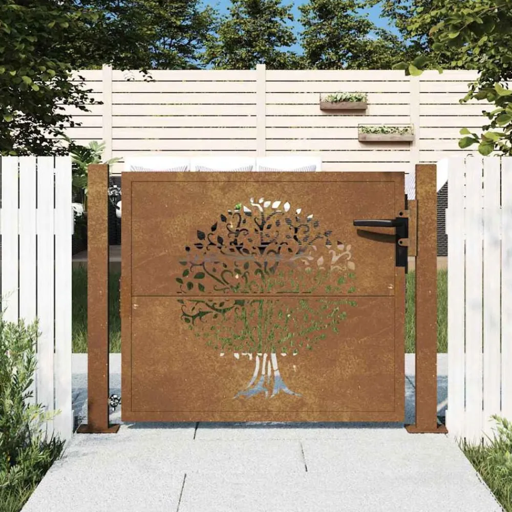vidaXL Puerta de jardín 100x75 cm de acero corten con diseño de árbol Clearance