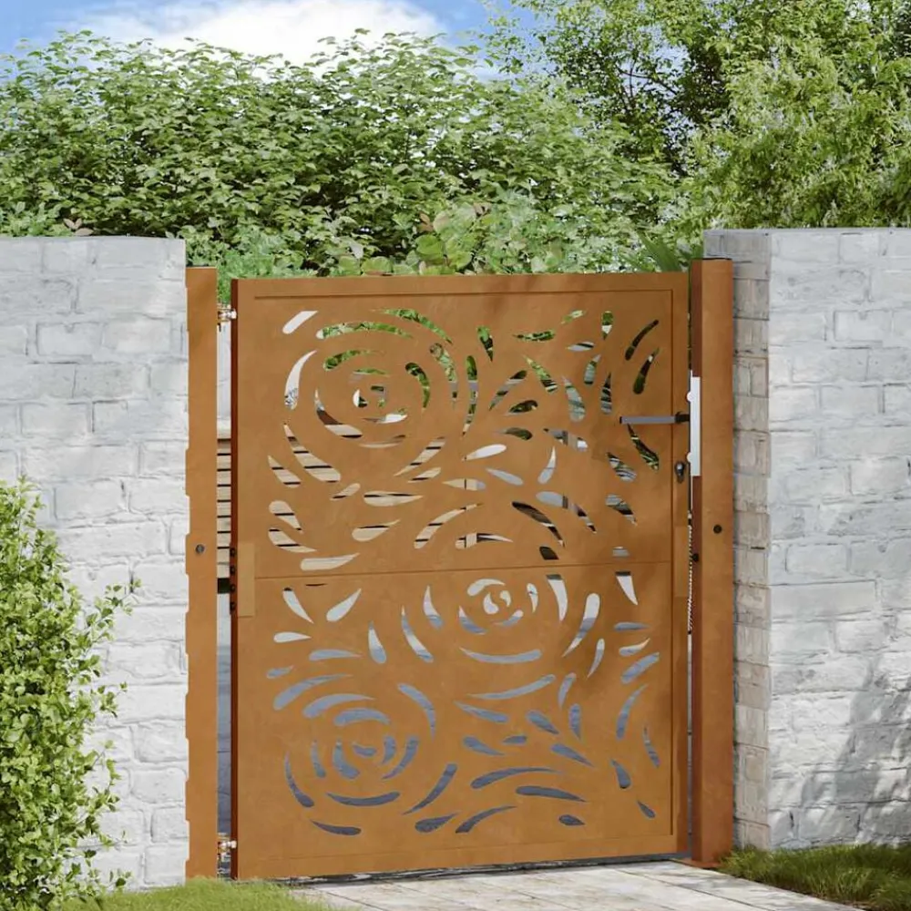 vidaXL Puerta de jardín 100x100 cm de acero corten con diseño de llamas Acero oxidado/Marrón Clearance