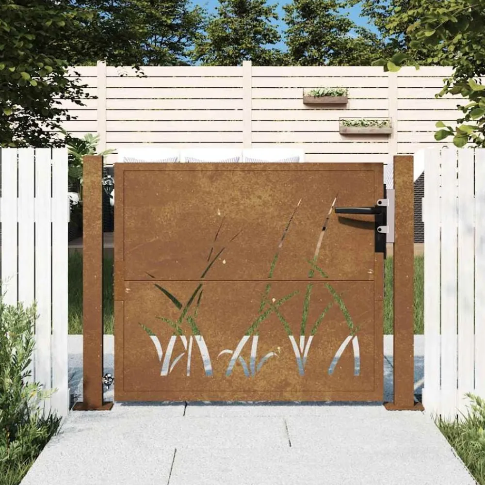 vidaXL Puerta de jardín 100x75 cm de acero corten con diseño de hierba