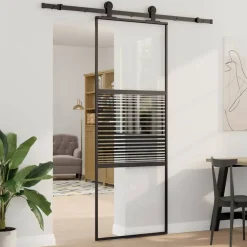 vidaXL Materiales De Construcción-Puerta de Vidrio Rayado Negro 90 x 2 x 205 cm Aluminio