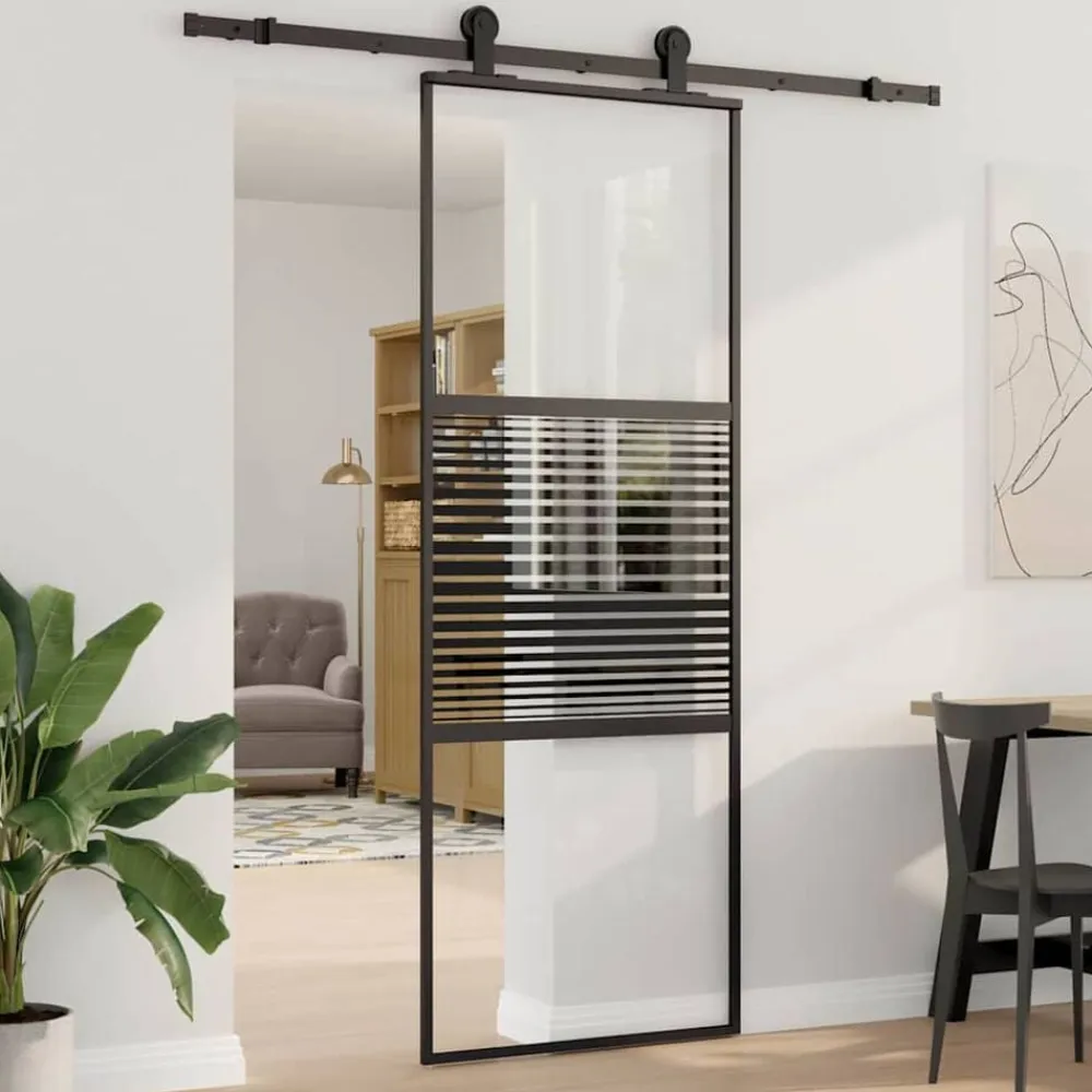 vidaXL Materiales De Construcción-Puerta de Vidrio Rayado Negro 90 x 2 x 205 cm Aluminio