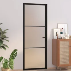 vidaXL Puerta interior de vidrio y aluminio negro mate 76x201,5 cm Negro y escarcha Clearance