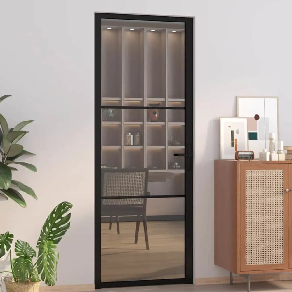 vidaXL Puerta interior vidrio EGS y aluminio negro 76x201,5 cm Negro y transparente oscuro Hot