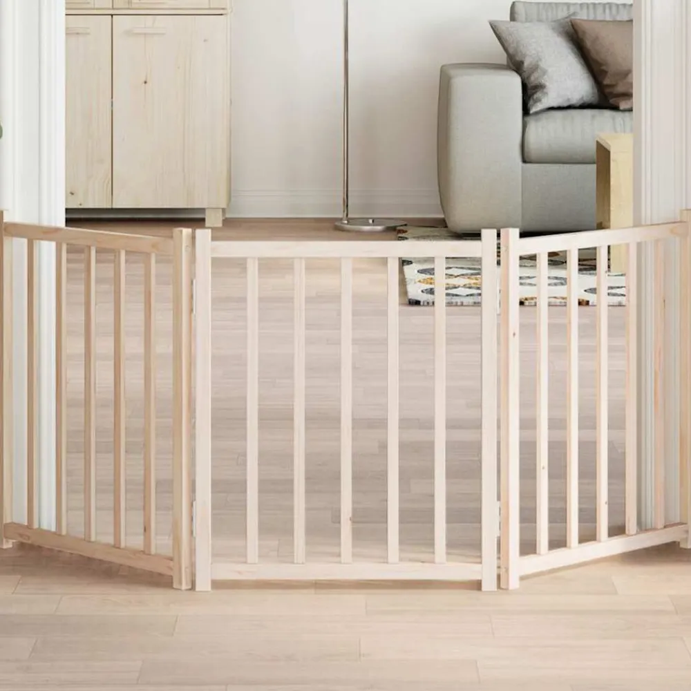 vidaXL Puerta para perros plegable 3 paneles madera de abeto 150 cm Natural Sale