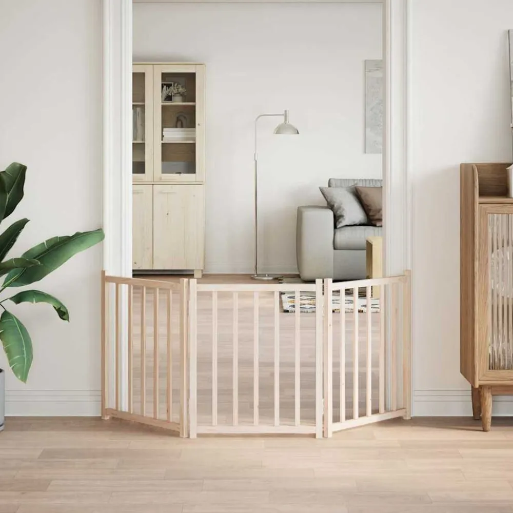 vidaXL Puerta para perros plegable 3 paneles madera de abeto 150 cm Natural Sale