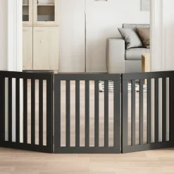 vidaXL Puerta para perros plegable 3 paneles madera álamo negra 150 cm Negro Clearance