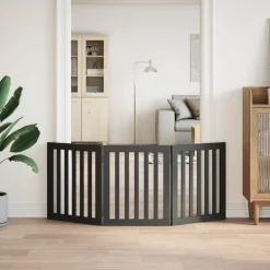 vidaXL Puerta para perros plegable 3 paneles madera álamo negra 150 cm Negro Clearance