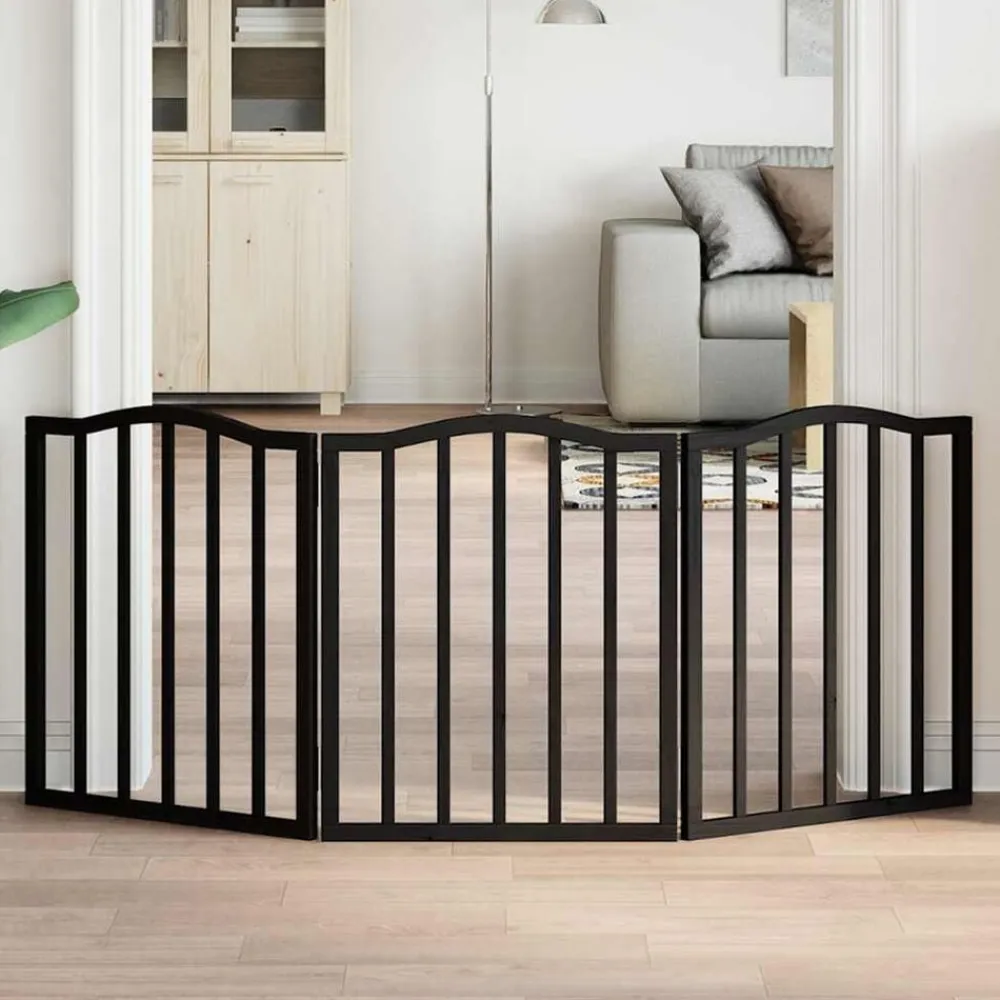vidaXL Puerta para perros plegable 3 paneles madera álamo negra 150 cm Negro Clearance