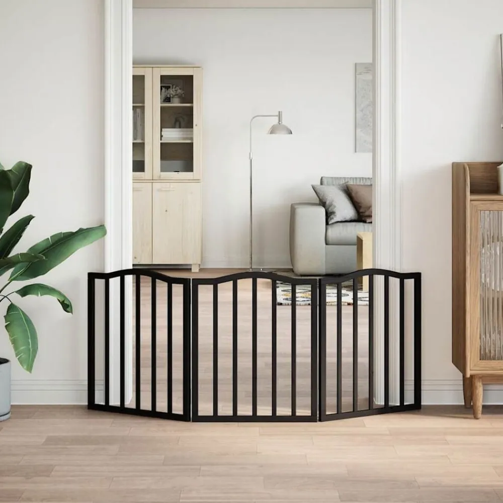 vidaXL Puerta para perros plegable 3 paneles madera álamo negra 150 cm Negro Clearance