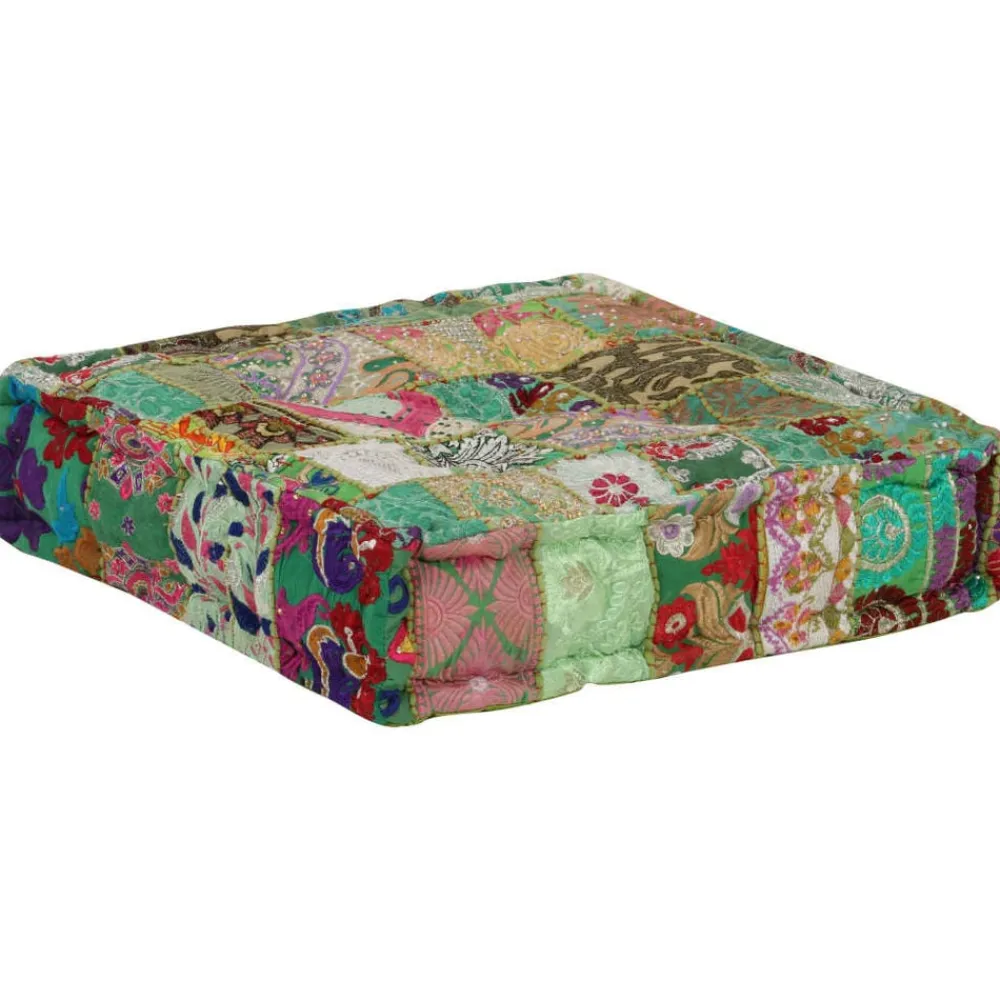 vidaXL Puf cuadrado pachtwork algodón hecho a mano 50x50x12 cm Verde Sale
