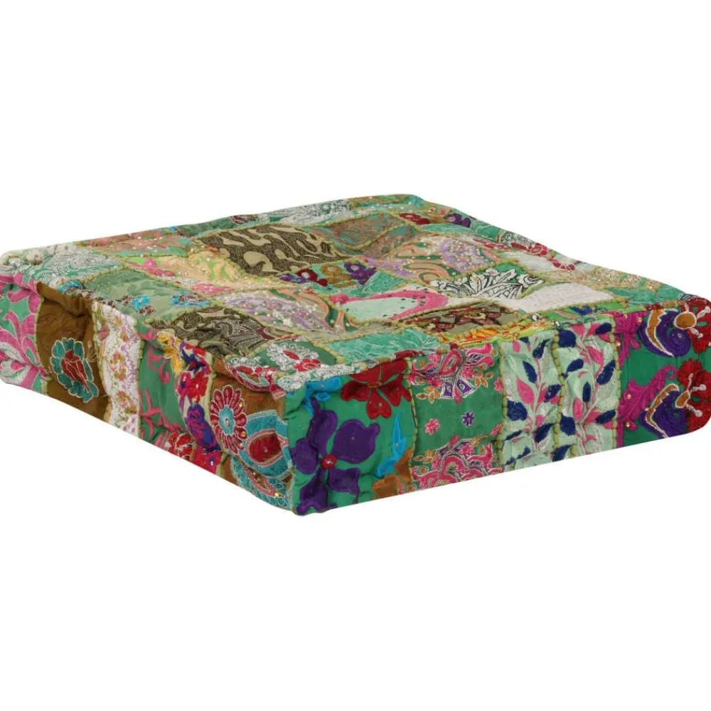 vidaXL Puf cuadrado pachtwork algodón hecho a mano 50x50x12 cm Verde Sale