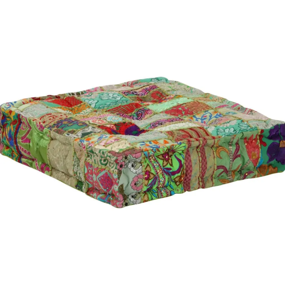 vidaXL Puf cuadrado pachtwork algodón hecho a mano 50x50x12 cm Verde Sale