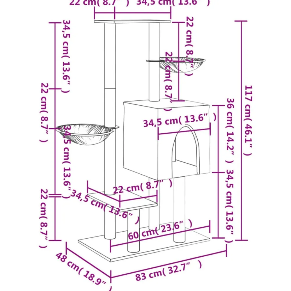 vidaXL Rascador para gatos con postes de sisal 117 cm Gris oscuro