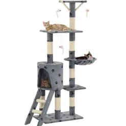 vidaXL Productos Para Mascotas-Rascador para gatos con poste de sisal 138 cm huellas gris
