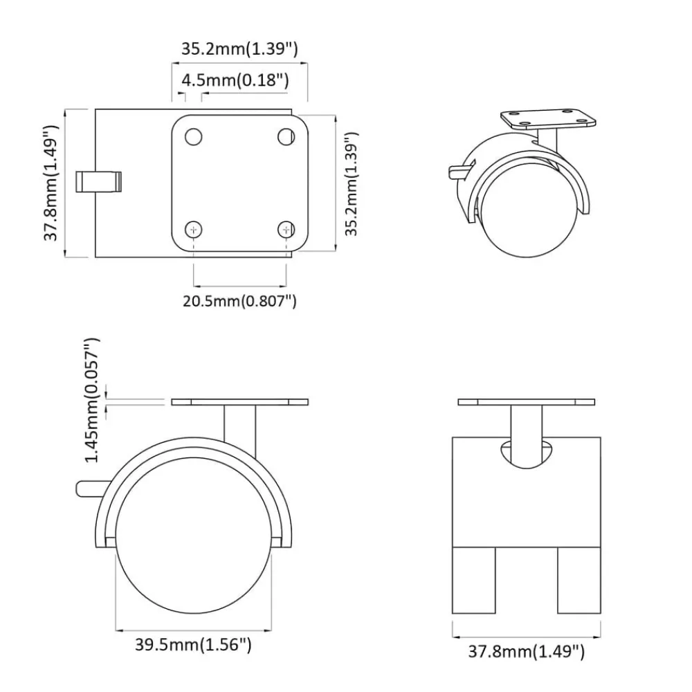 vidaXL Rueda 2 pcs Negro 39,5 x 39,5 x 37,8 mm Hierro y polipropileno
