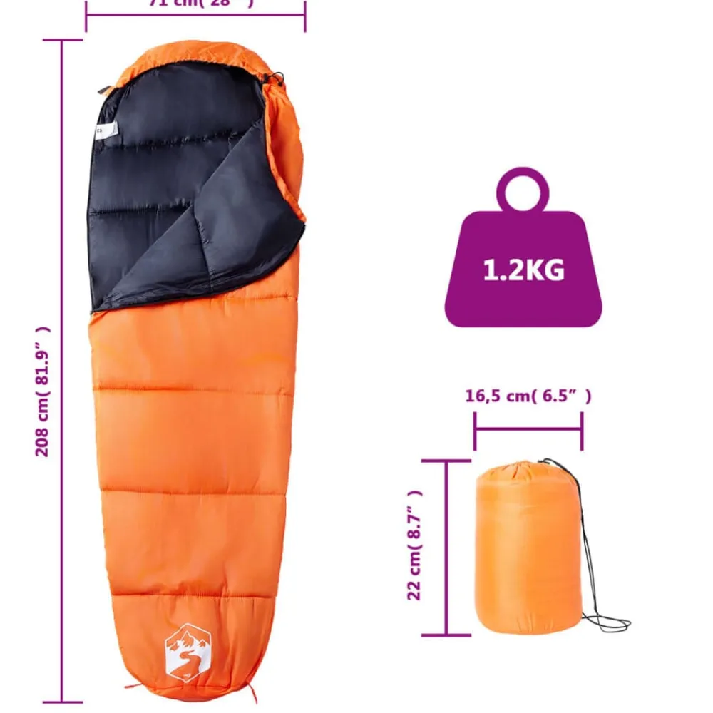 vidaXL Saco de dormir tipo momia de camping para adultos 3 estaciones Naranja y negro