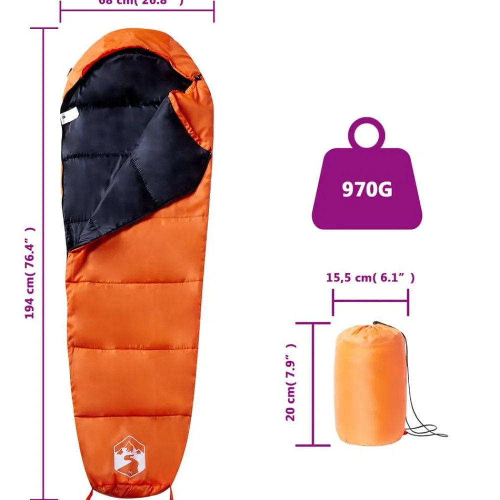 vidaXL Saco de dormir tipo momia de camping para adultos 3 estaciones Naranja y negro Best